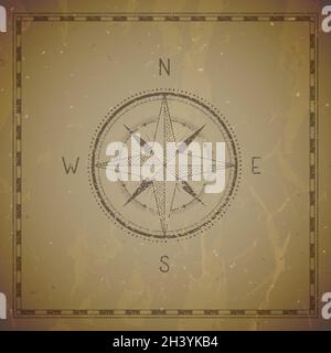 Vector illustration with a vintage compass or wind rose and frame on grunge background. With basic directions North, East, South and West., Vector ill Stock Vector