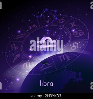 Vector illustration of 3D sign and constellation LIBRA with Horoscope circle in perspective against the space background with sunrise and earth. Stock Vector