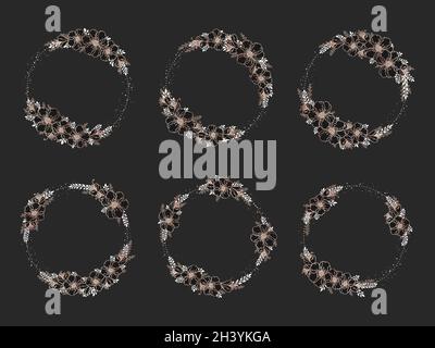 Vector set of frames with hand drawn flowers and floral elements. Decorative wreaths collection. Gold and black elements. Stock Vector