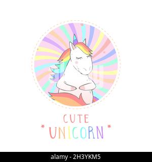 Vector sticker or icon with hand drawn cartoon unicorn and text - CUTE UNICORN on withe background. For your design. Cartoon style. Colored. Stock Vector