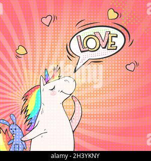 Bright pop art background with cute unicorn and speech bubble LOVE! Retro vector illustration in comic style. , Bright pop art background with cute un Stock Vector