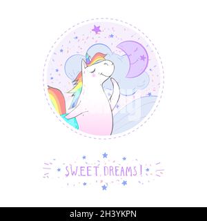 Vector sticker or icon with hand drawn cute unicorn, moon and text - SWEET DREAMS! On withe background. For your design. Cartoon style. Colored. Stock Vector
