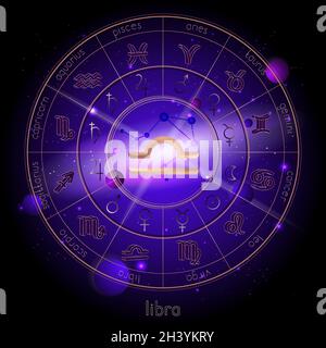 Vector illustration of sign and constellation LIBRA and Horoscope circle with astrology pictograms against the space background with planets and stars Stock Vector