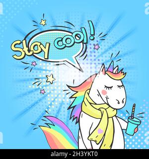 Pop art magic unicorn and speech bubble with Stay cool! Vector illustration in retro comic style. Stock Vector