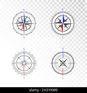 Vector set of vintage compasses or marine wind roses. Collection in line art style. Isolated on transparent background. Black line with the marked col Stock Vector