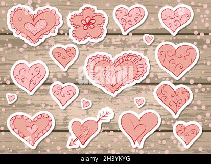 Vector set of stickers with hearts and flower for Valentine's Day on a wooden background. In pink color. Stock Vector