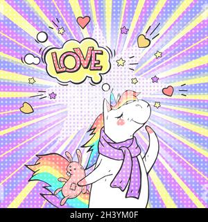 Comic page bright concept with magic animal unicorn and speech bubble LOVE! Pop art retro vector illustration. Stock Vector