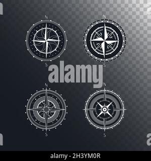 Vector set of vintage compasses or marine wind roses. Collection in line art style. Isolated on dark transparent background. Withe line collection wit Stock Vector