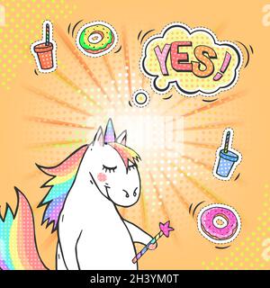 Pop art background with fat unicorn and speech bubble with text YES! Comic book retro style imitation. Vector bright illustration. Stock Vector
