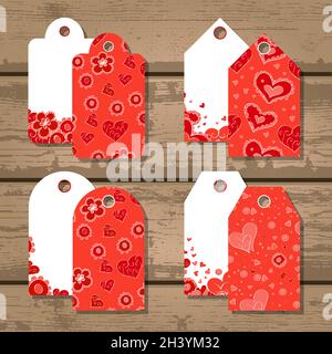 Vector set of gift tags with hearts and flowers for Valentine's Day on a wooden background. In pink and orange colors. Stock Vector
