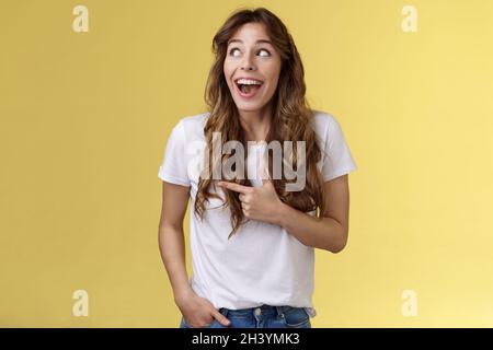 Funny amused cute girlfriend enjoy awesome party having wonderful time spend amazing day city fair open mouth surprised fascinat Stock Photo