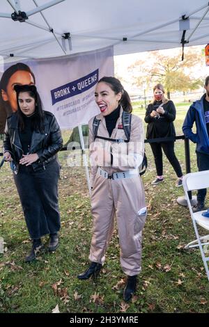 New York, NY - October 30, 2021: U. S. Representative Alexandria Ocasio-Cortez attends Halloween celebration in Pelham Bay Park Stock Photo