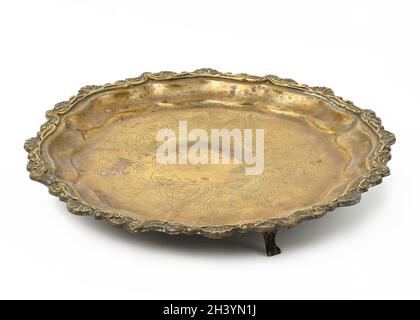 Empty copper round vintage plate isolated on white background, fruit dish. Stock Photo
