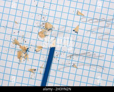 Sharpened wooden pencil with shavings on a checkered paper sheet Stock Photo
