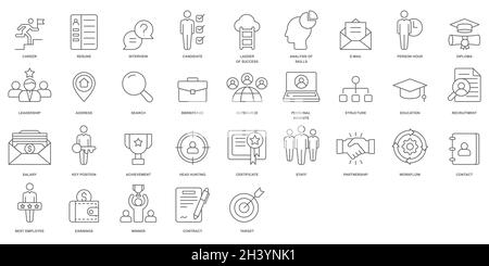 Headhunting And Recruiting minimal thin line and glyph web icon set. Included the icons as Job Interview, Career Path, Resume and more. Outline and gl Stock Vector