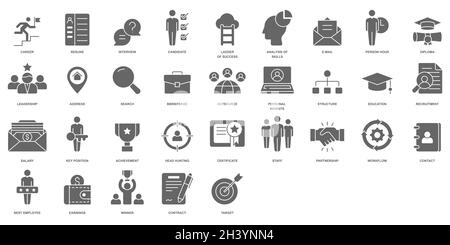 Headhunting And Recruiting minimal thin line and glyph web icon set. Included the icons as Job Interview, Career Path, Resume and more. Outline and gl Stock Vector