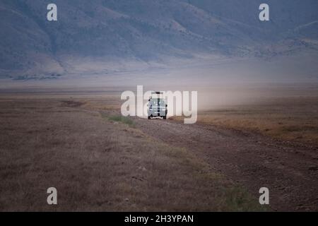 A closed 4WD Toyota Landcruiser safari vehicle with a pop-top roof driving through the plains of the Ngorongoro Conservation Area in the Crater Highlands area of Tanzania Eastern Africa Stock Photo