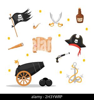 Pirate collection. Flag, hat, map, anchor, gun, saber. Piracy items isolated on white background. Childish vector illustration in flat cartoon style Stock Vector