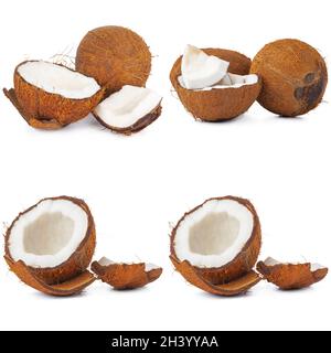 Collage of broken coconut pieces isolated on white background Stock Photo