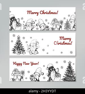 Set of hand drawn horizontal Happy New Year and Merry Christmas greeting cards with cute gnomes. Vector illustration in sketch style Stock Vector