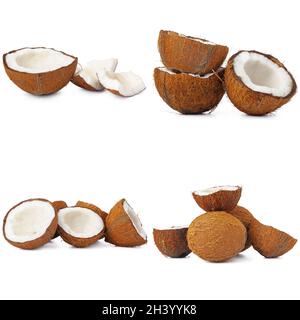 Collage of broken coconut pieces isolated on white background Stock Photo