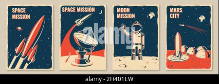 Mars city and space mission posters, banners, flyers. Vector Concept for shirt, print, stamp. Vintage typography design with space rocket, astronaut Stock Vector