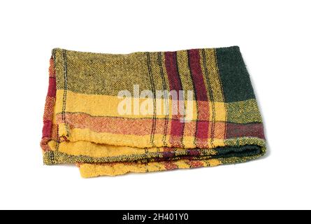 Folded green yellow linen towel on white background Stock Photo