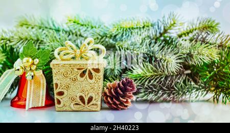 Christmas Decoration With Ornament And Defocused Lights . Abstract christmas lights on background. Stock Photo