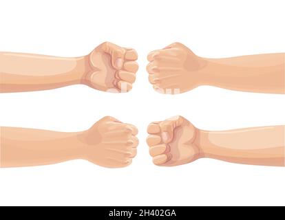 Two fists punching each other. Two clenched fists bumping. Conflict, protest, brotherhood or clash concept. Vector cartoon illustration. Stock Vector