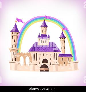 FairyTale castle. Cartoon castle. Fantasy fairy tale palace with rainbow. Vector illustration. Stock Vector