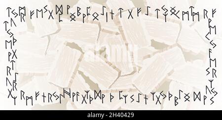 Runes ethnic pattern. Runic alphabet, Futhark. Ancient norse occult symbols. Frame of black vikings letters on background of stones for carving symbol Stock Vector