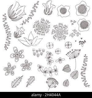 Hand drawn flowers set. Doodle line style. Stock Vector