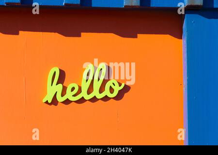 'hello' sign, Titahi Bay, Porirua, Wellington, North Island, New Zealand Stock Photo