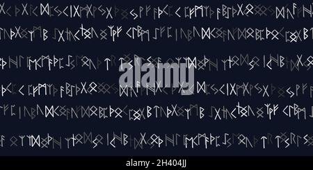 Runes seamless ethnic pattern. Runic alphabet, Futhark. Ancient norse occult symbols, vikings letters on black, rune font. Design for fabric, wallpape Stock Vector