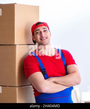 Contractor worker moving boxes during office move Stock Photo