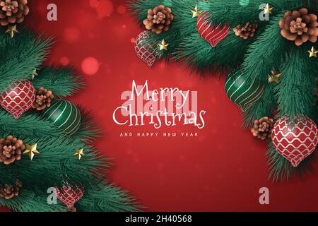 realistic christmas background with snow globes pine tree branches vector design illustration Stock Vector