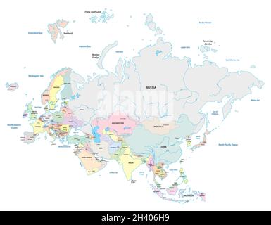 Detailed vector map of the two continents Europe and Asia, Eurasia Stock Vector