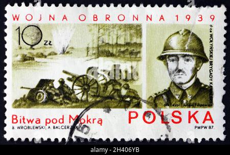 POLAND - CIRCA 1987: a stamp printed in Poland shows Battle of Mokra, World War II battle, and Colonel Julian Filipowicz, circa 1987 Stock Photo