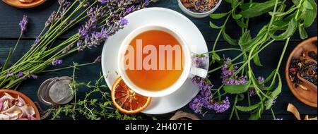 Tea panorama with herbs, flowers and fruit, shot from the top Stock Photo