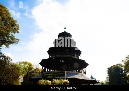 Chinese Tower in the English Garden in Munich in autumn Stock Photo