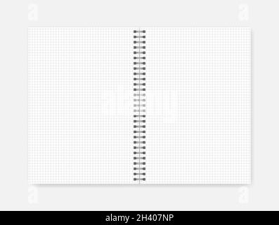 Open spiral graph ruled notebook, realistic mock-up. Wire bound white unfolded A4 notepad with squared sheets, vector template Stock Vector