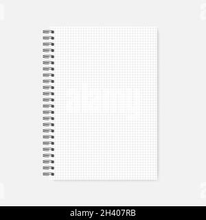 Spiral grid lined notebook, realistic mock-up. Wire bound squared paper notepad template. A4 diary, mockup Stock Vector