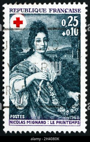 FRANCE - CIRCA 1968: a stamp printed in France shows Spring, Painthing by Nicholas Mignard, French Painter, circa 1968 Stock Photo