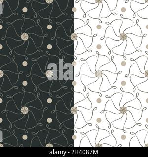 Abstract floral seamless pattern. Cute circle geometrical composition in grey, beige contour color palette. White or black easy editable color Stock Vector