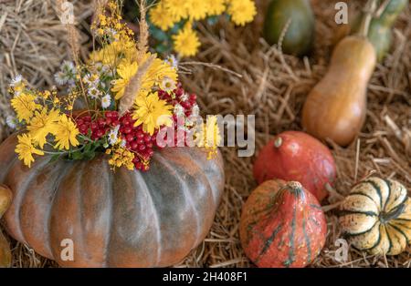 Autumn composition with pumpkins in a rustic style. Stock Photo