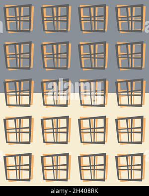 Abstract geometrical grid seamless pattern. Cute windows composition in grey, orange contour color palette. Light yellow or grey easy editable color Stock Vector