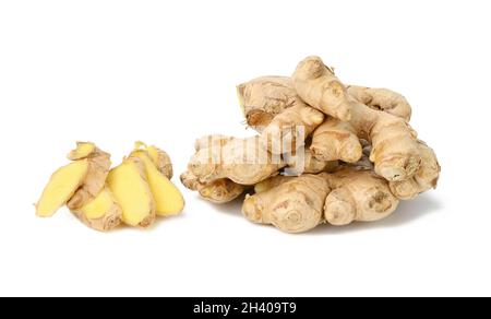 Fresh ginger root isolated on white background, sliced pieces near Stock Photo