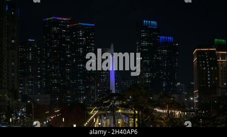 city sight view at night in autumn, Incheon city, South Korea Stock Photo