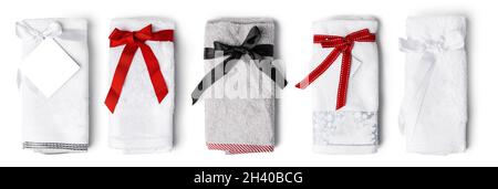 Set of new kitchen towels isolated on white Stock Photo