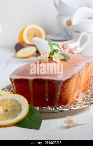Traditional lemon cake with icing. Stock Photo